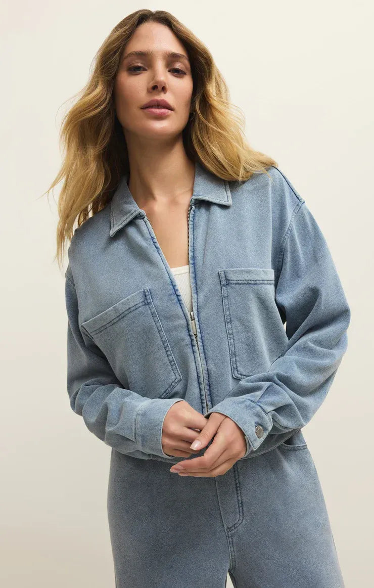 Heritage knit denim jacket in light blue with zipper front and two chest pockets knit denim jacket design