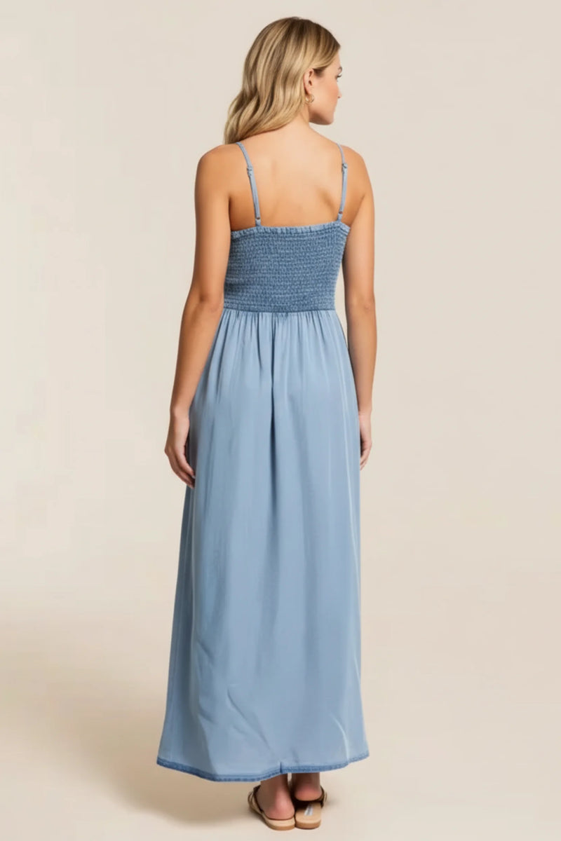 Light blue denim smocked cami maxi dress with smocked bodice and thin straps
