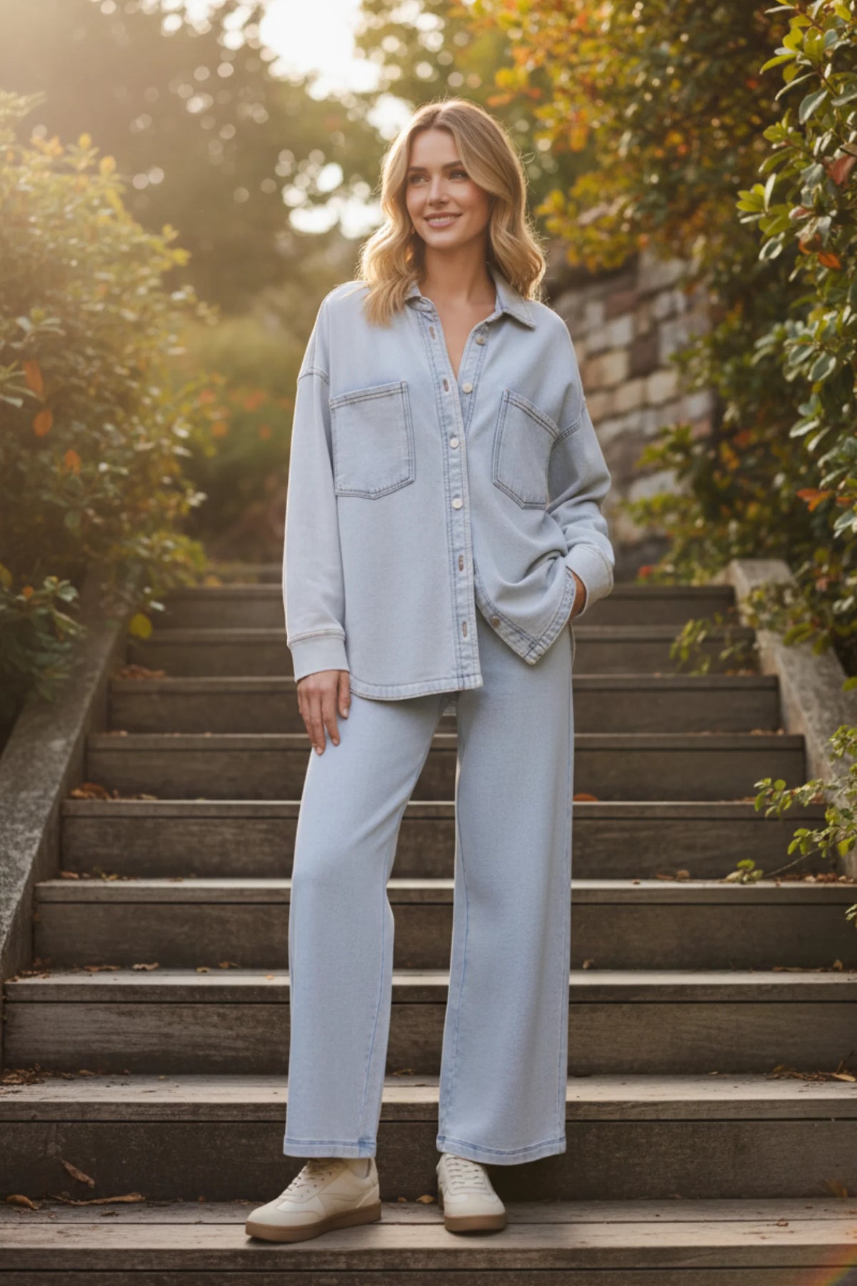 Relaxed fit light wash denim jacket with button-up front and pockets