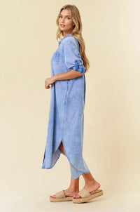 Light blue tencel denim shirt midi dress with roll tab 3/4 sleeve and side slit for comfortable wear
