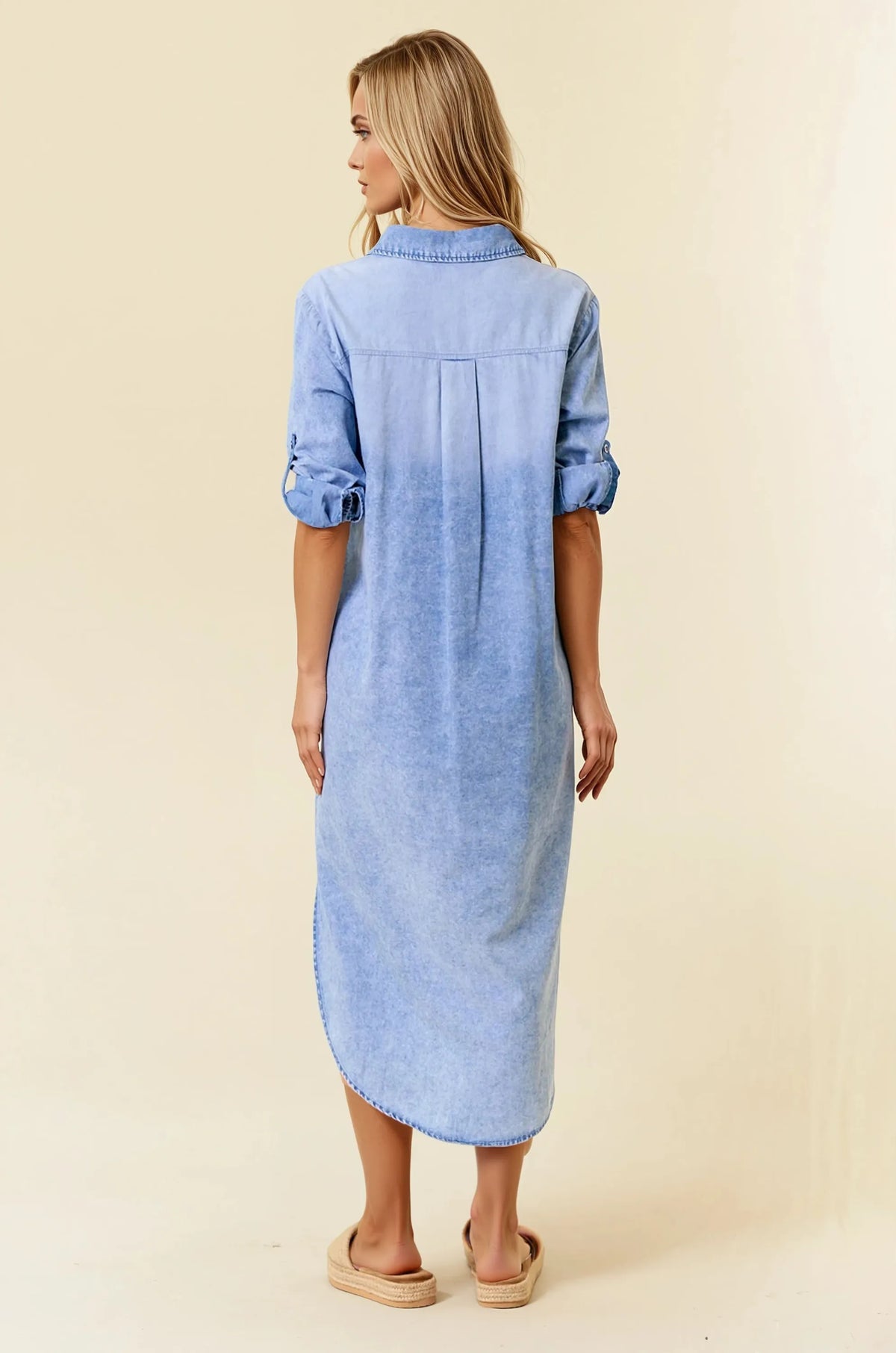 Light blue roll tab sleeve tencel denim midi dress with button-down collar and rolled-up sleeves