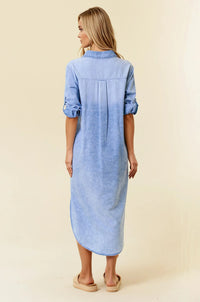 Light blue roll tab sleeve tencel denim midi dress with button-down collar and rolled-up sleeves