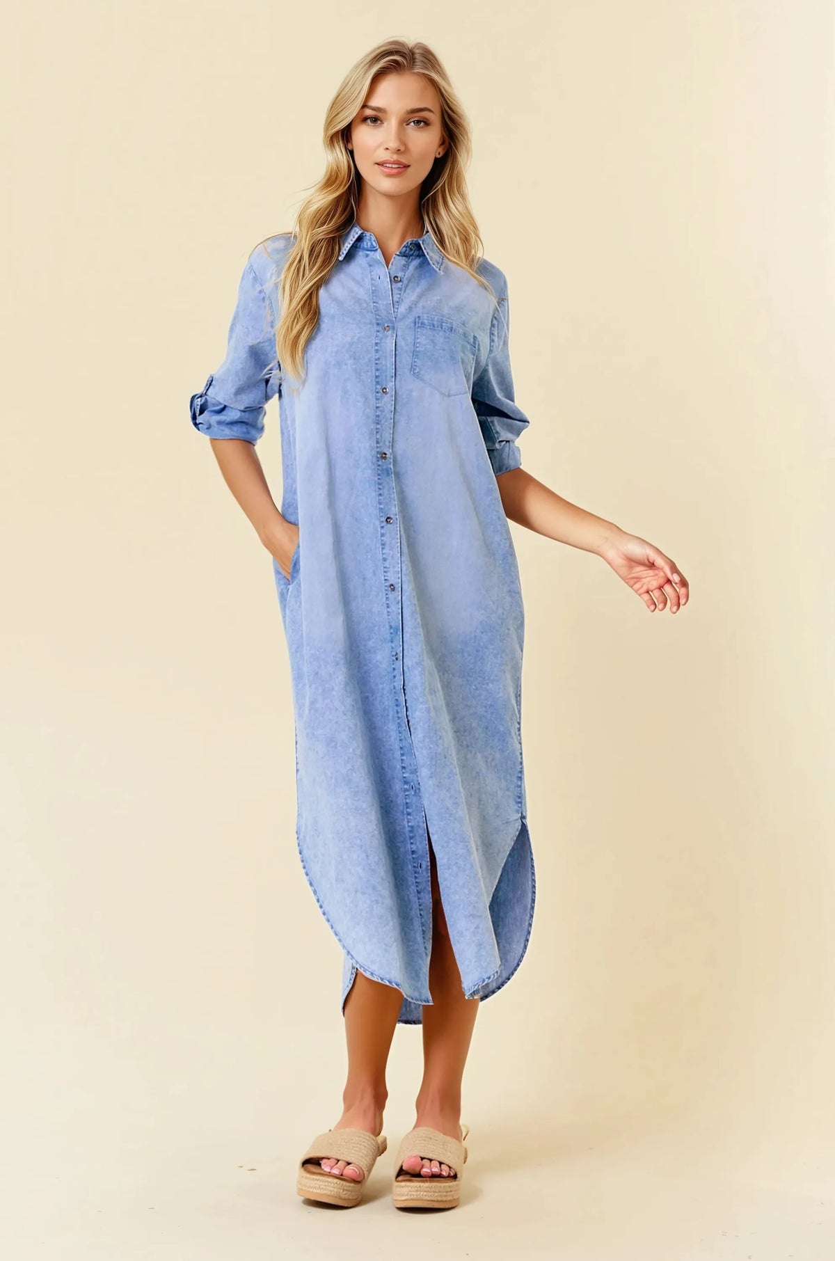 Roll Tab Sleeve Tencel Denim Shirt Midi Dress DK. Denim / SMALL