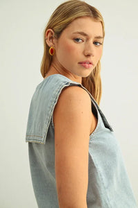 Sailor collar button front light blue denim sleeveless top