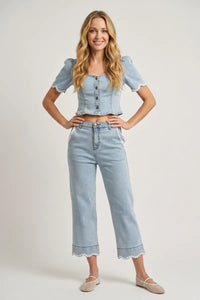 Light blue denim scalloped hem cropped top with puffed sleeves and floral trim lace detailing