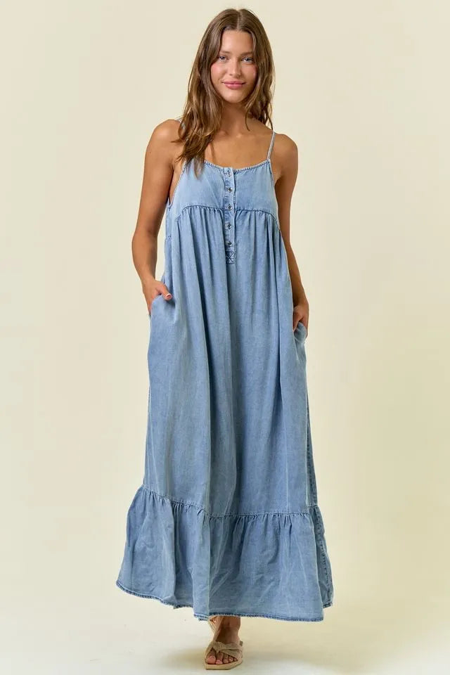 Tencel Tiered Ruffled Midi Dress in Light Blue Denim – Shop Daisy Lane
