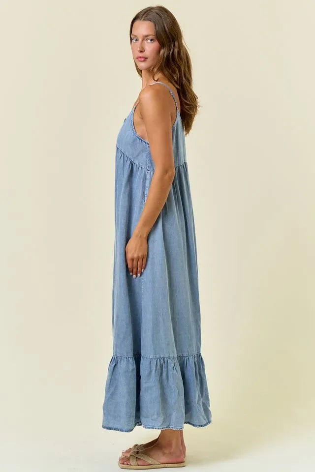 A light blue tencel tiered ruffled midi dress with thin straps and a ruffled hem perfect for casual wear