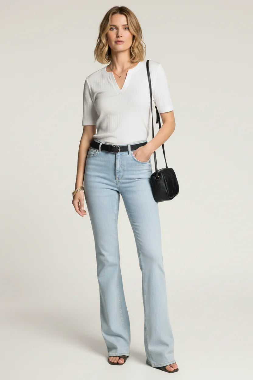 Light blue denim flare jeans with Thread and Supply ribbed knit top