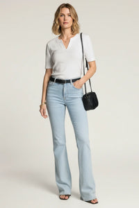 Light blue denim flare jeans with Thread and Supply ribbed knit top