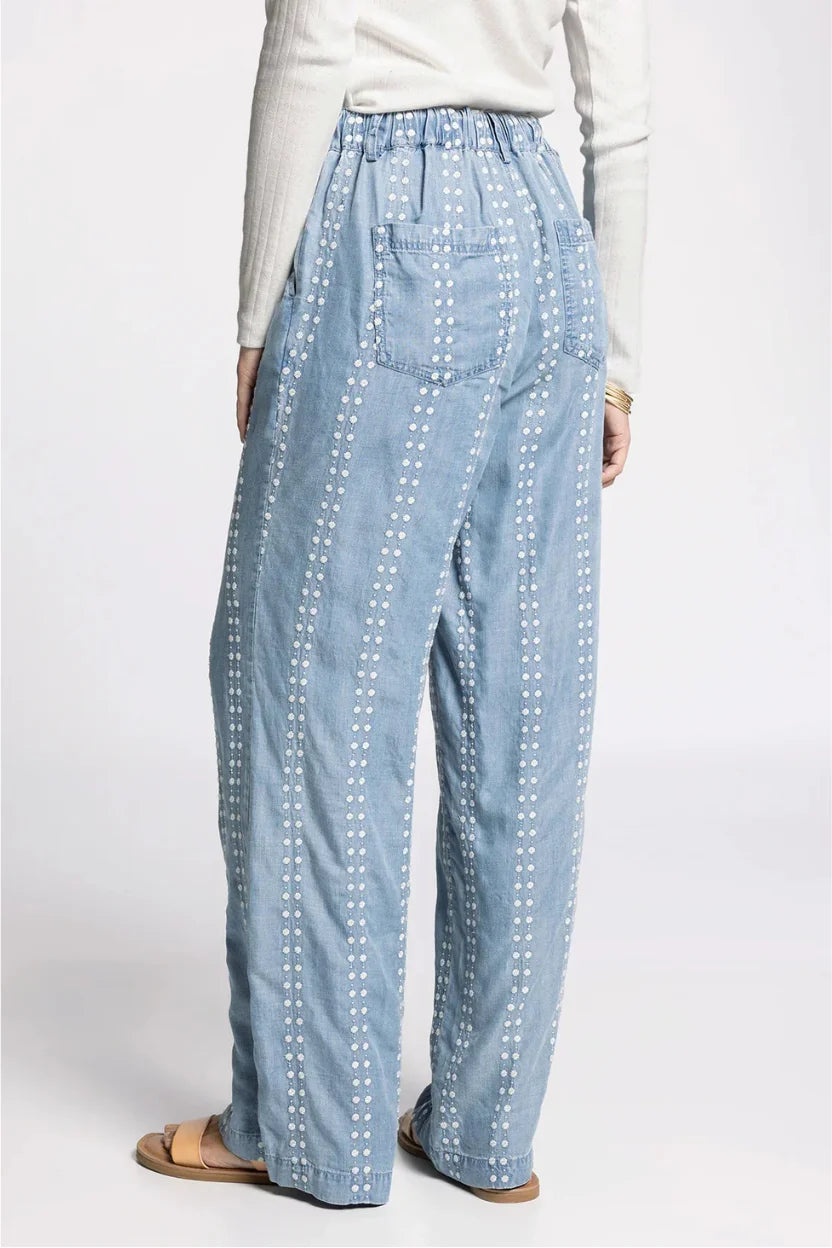 Thread & Supply Natalia pants in light blue denim with white dot embroidery