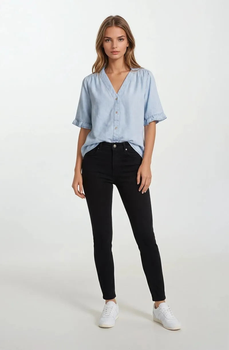 Light blue denim v-neck button down mini ruffle short sleeve top with ruffle short cuffs in soft cotton blend