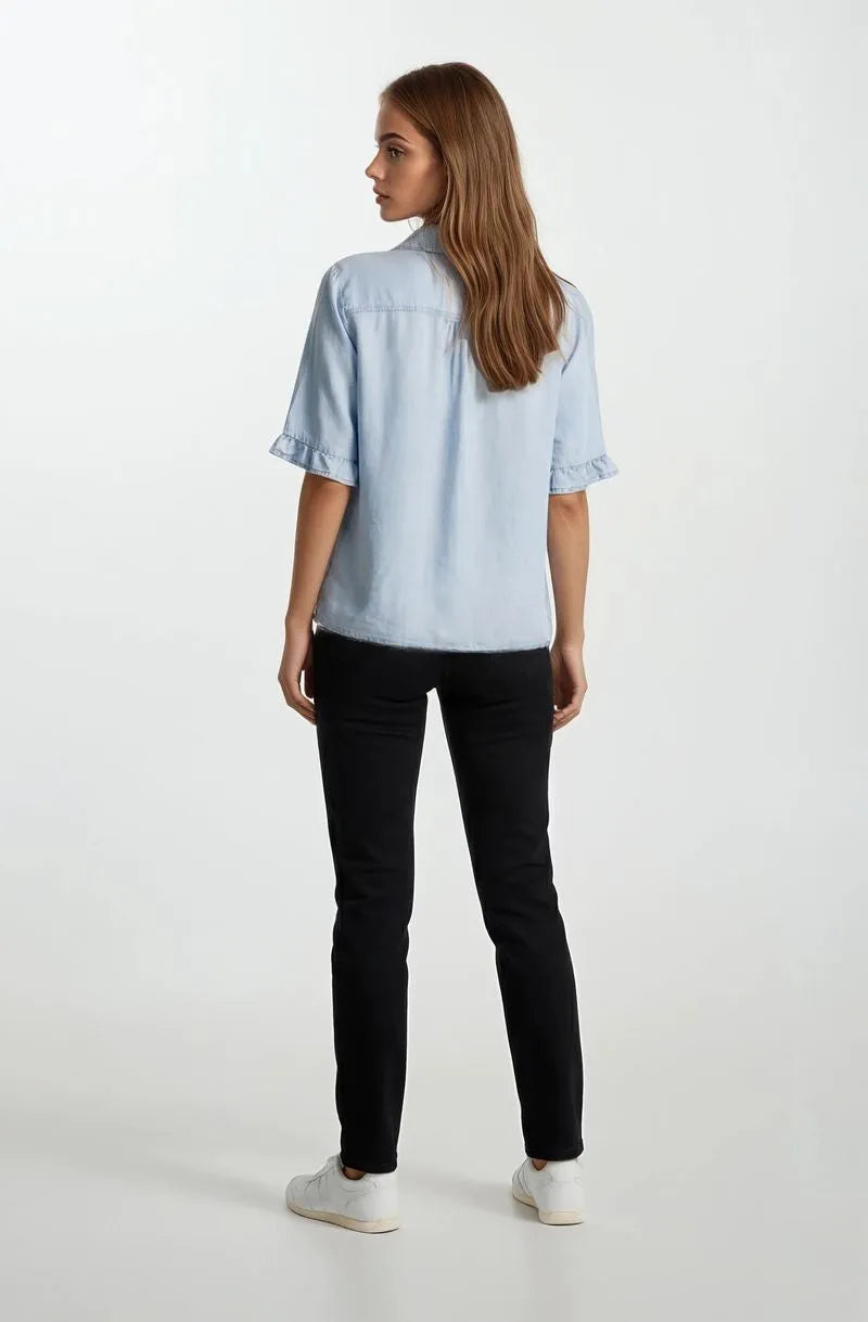 Light blue denim v neck button down mini ruffle short sleeve top with ruffle short sleeves for casual wear