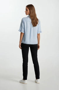 Light blue denim v neck button down mini ruffle short sleeve top with ruffle short sleeves for casual wear
