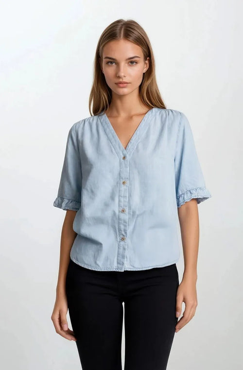 Light blue denim v-neck button down mini ruffle short sleeve blouse with ruffle short sleeve and mini ruffle detail