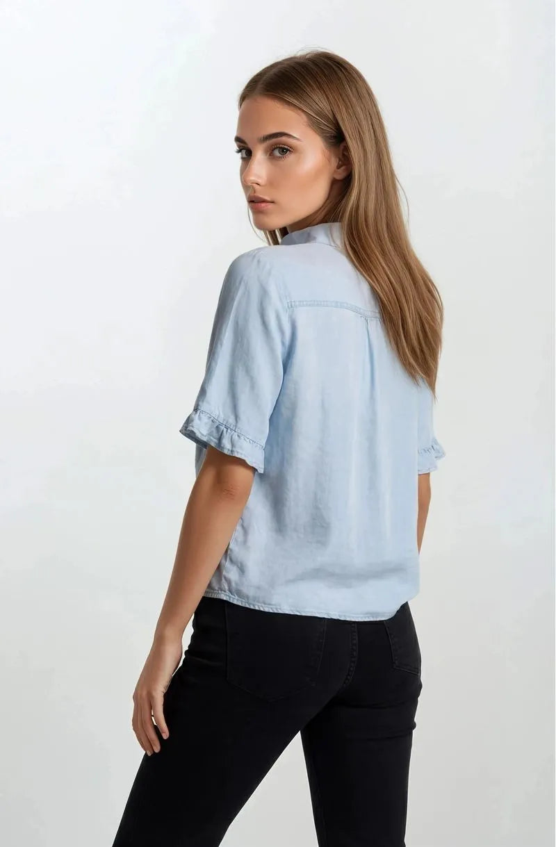 Light blue denim v neck button down mini ruffle short sleeve top with ruffle cuffs for casual wear
