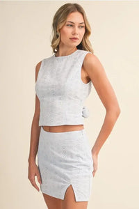 Eyelet open tie back sleeveless crop top in light blue
