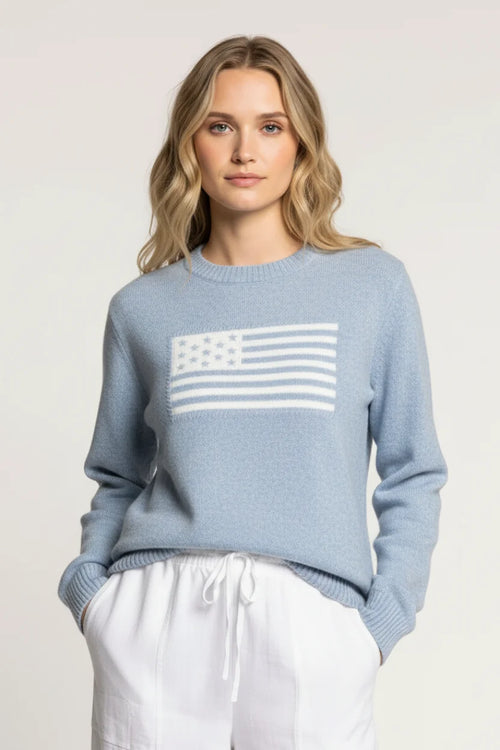 Classic intarsia flag crewneck knit sweater in light blue with white American flag