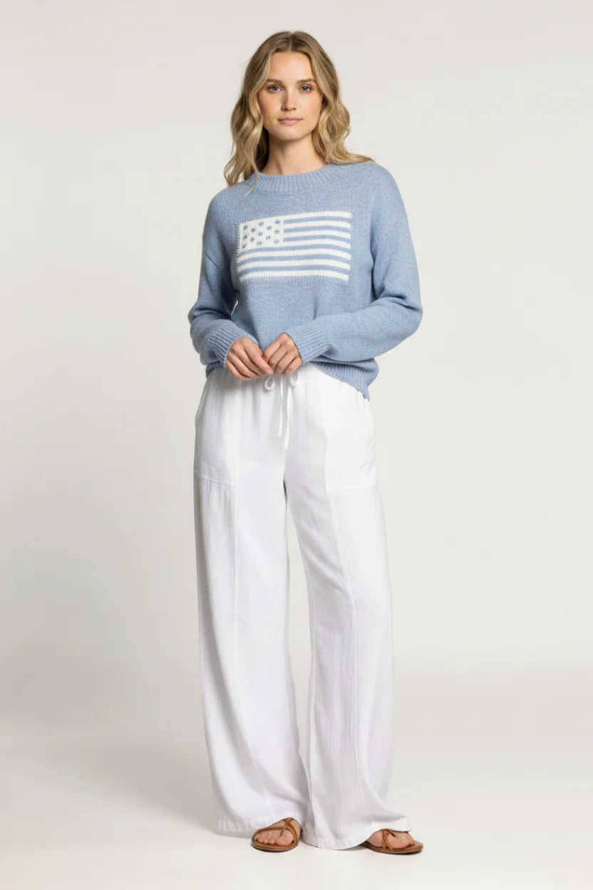 Classic intarsia flag crewneck knit sweater in light blue with white American flag