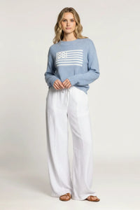 Classic intarsia flag crewneck knit sweater in light blue with white American flag