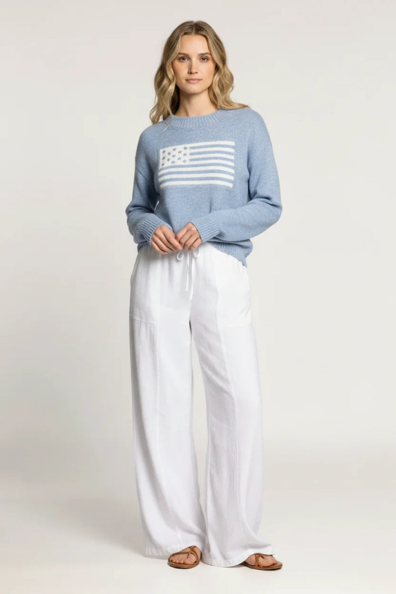 Classic intarsia flag crewneck knit sweater in light blue with white American flag