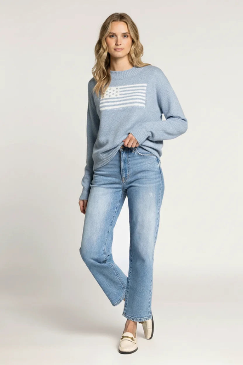 Classic intarsia flag crewneck knit sweater in light blue with white gold American flag