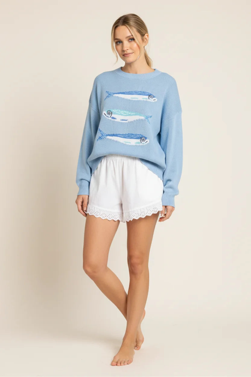 Light blue ROUN NECK fish graphic sweater with embroidered sardines