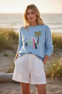 Light blue surf car graphic sweater with mint car, pink surfboard, palm tree