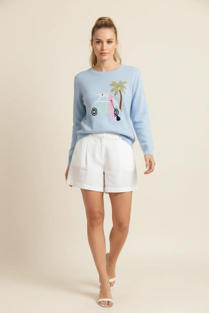 Light blue knit surf car graphic sweater with embroidered surfboard, palm tree, vintage car