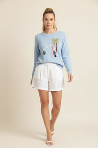 Light blue knit surf car graphic sweater with embroidered surfboard, palm tree, vintage car