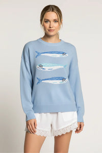 Light blue fish graphic sweater with embroidered blue fish on front