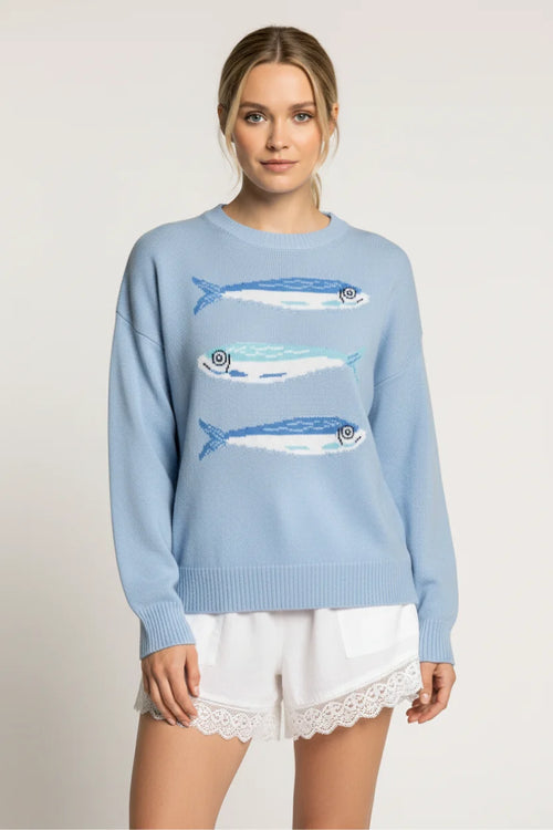 Light blue fish graphic sweater with embroidered blue fish on front
