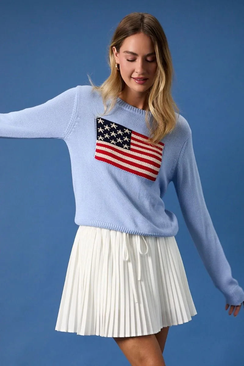 Light blue knitted round neck sweater with detailed american flag print on the chest for casual wear