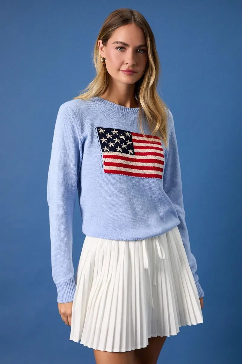 Light blue knitted round neck flag print sweater top with detailed embroidered American flag on the chest