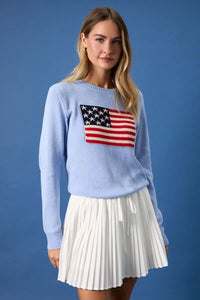 Light blue knitted round neck flag print sweater top with detailed embroidered American flag on the chest