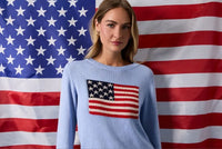 Light blue knitted round neck sweater top with detailed embroidered american flag print on the chest