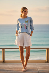 Light blue surf car graphic sweater with embroidered surfboard and palm tree