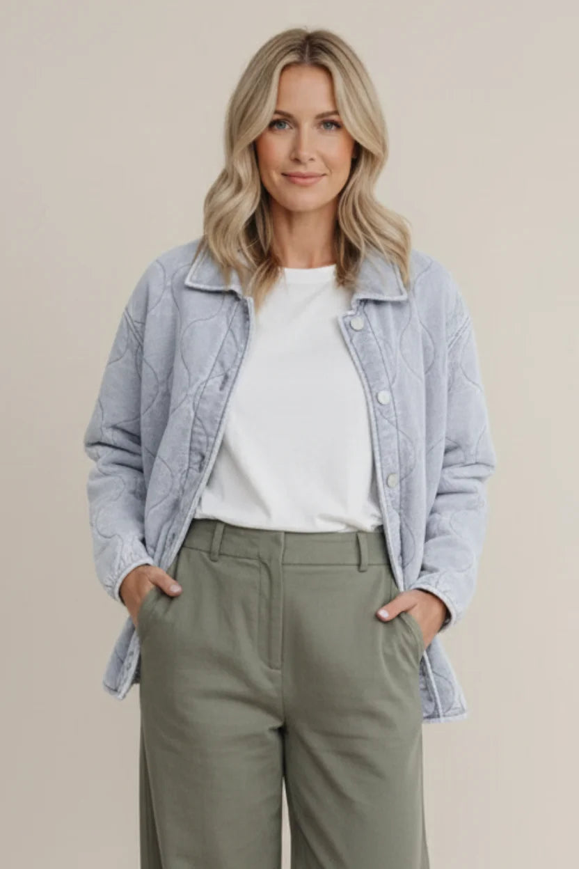 Light blue Boulder Knit Denim Jacket with quilted collar and buttons