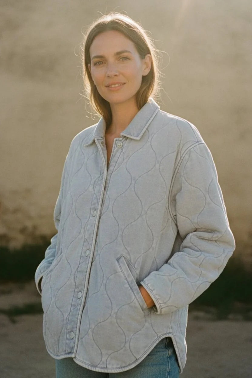 Light blue Boulder Knit Denim Jacket with quilted design and classic collar
