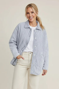 Light blue Boulder Knit Denim Jacket with quilted fabric, collar, and buttons