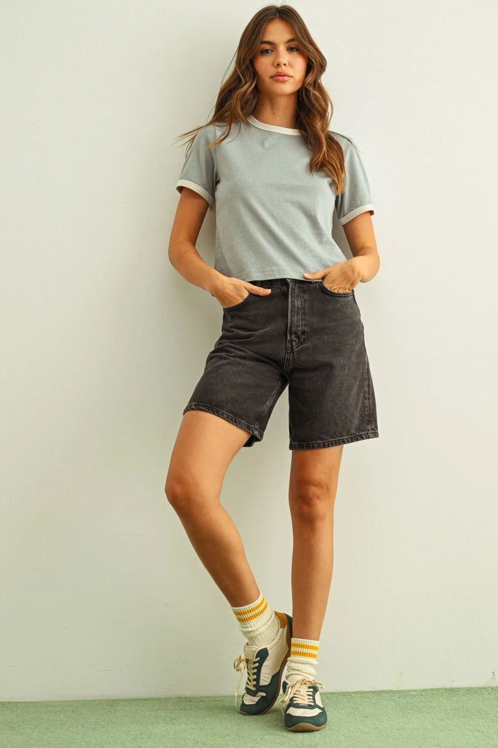 Light blue short sleeve ringer organic cotton top with white trim