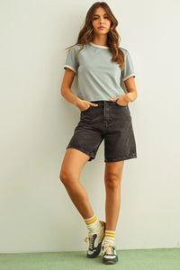 Light blue short sleeve ringer organic cotton top with white trim