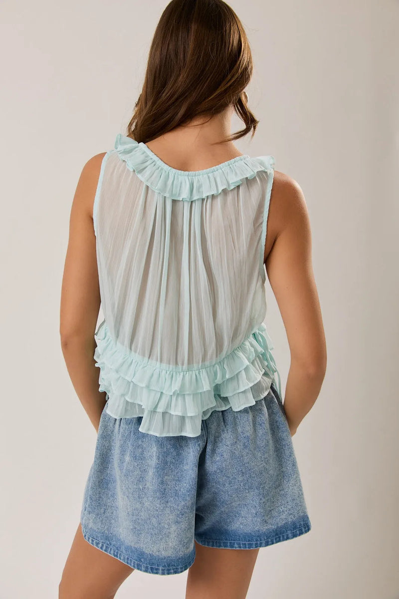 Light blue sheer ruffled sleeveless flare blouse with layered frills for an elegant and feminine look
