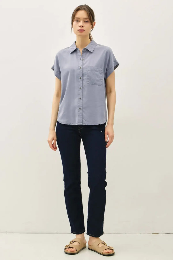 Light blue short dolman sleeve button shirt with chest pocket made of soft breathable fabric for casual wear