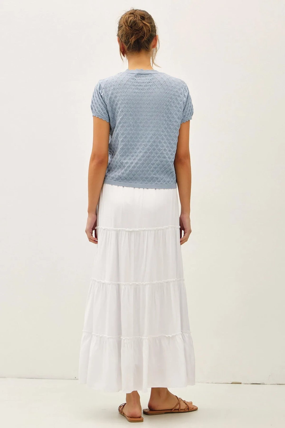 A light blue knitted pointelle stitch short sleeve cardigan with a textured pattern perfect for layering