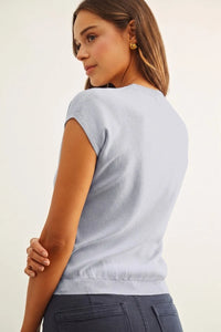 Light blue round neck cap short sleeve knit top with ribbed hem and neckline for casual wear