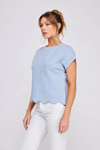 Light blue scallop pattern relaxed knit top with wavy texture and scalloped hem for casual wear