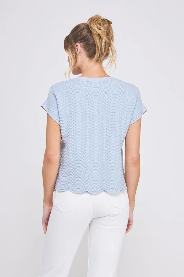 Light blue scallop pattern relaxed knit top with textured wavy pattern and scalloped hem for casual wear