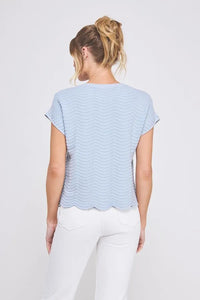 Light blue scallop pattern relaxed knit top with textured wavy pattern and scalloped hem for casual wear