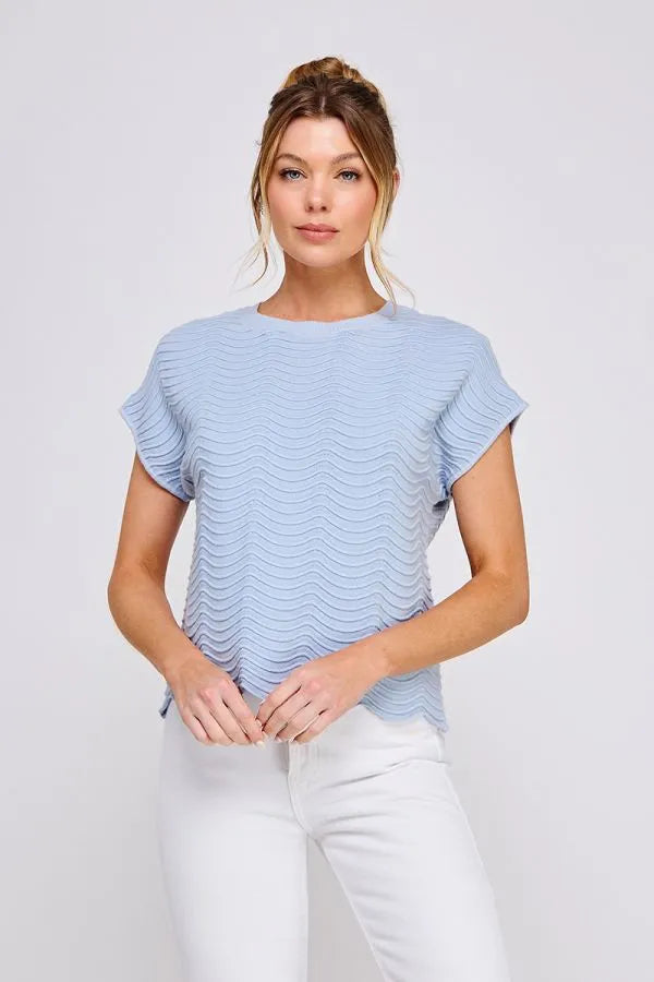 Light blue short-sleeved scallop pattern relaxed knit top with a wavy textured knit pattern for casual wear