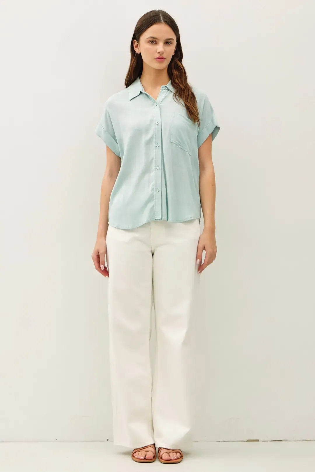 Light blue solid short sleeve button down high low shirt with short sleeve button design for casual wear